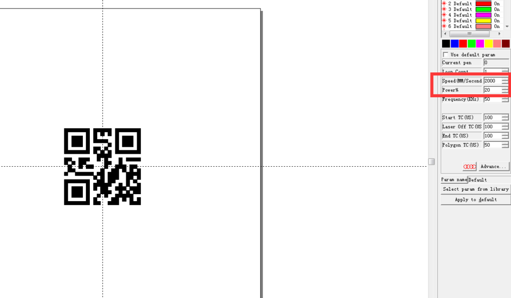 This image is a QR Code in Ezcad with the settings of Speed and Power